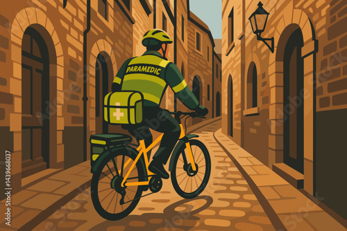 Urban scene with a flat response featuring medical panniers, a siren light, and cobblestones
