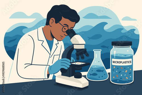 The marine-pollution lab scene appears flat and shows research, data, and concern