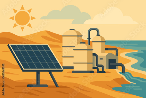 A scenic blend of solar panels, coastline, and water treatment facilities set against a flat backdrop of renewable water sources