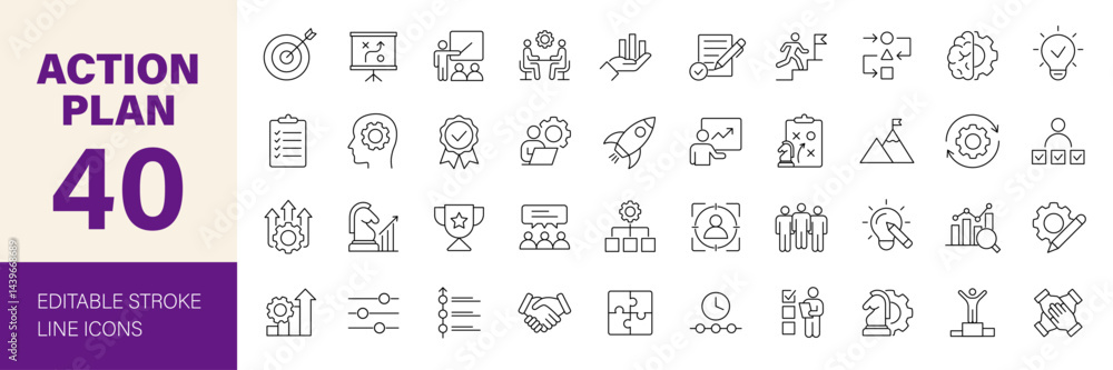 Naklejka premium Action plan icon set. Containing business, goal, team, timeline, schedule, strategy, analysis, tasks, planning, collaboration, setting, workflow and more. Editable line icons. Vector illustration. 