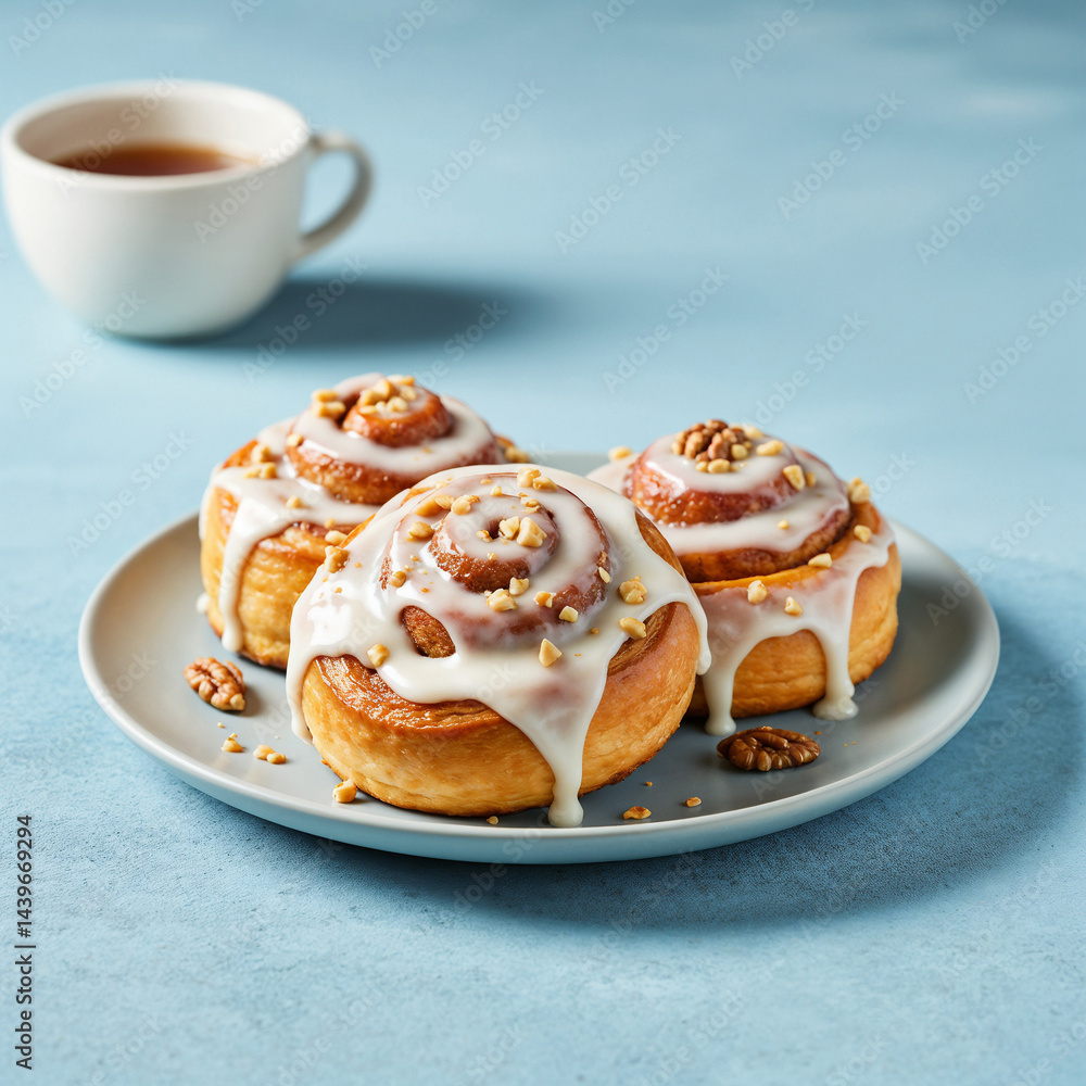 Three Cinnamon Rolls, Inviting, Served with Tea, on Blue Background Three Cinnamon Rolls, Inviting, Served with Tea, on Blue Background