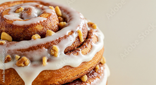 Close-Up of Cinnamon Roll, Tempting, Detailed, on Beige Background