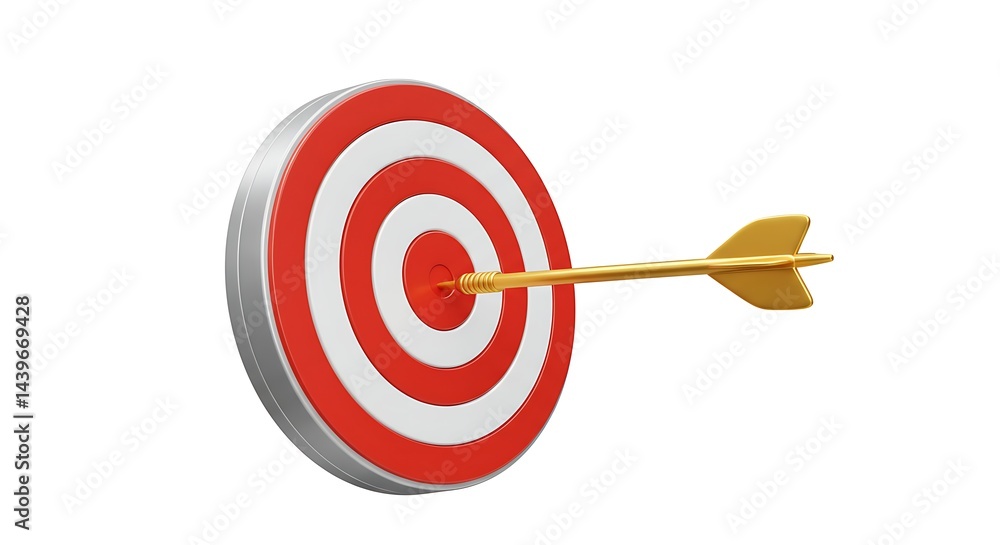 Golden Arrow Hitting Bullseye on Red and White Target Golden Arrow Hitting Bullseye on Red and White Target