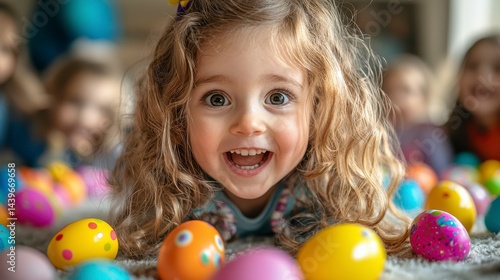 Joyful Child with Colorful Easter Eggs in Festive Celebration