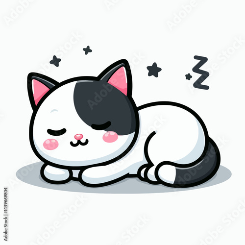 Cartoon drawing of a black and white cat, lying down and appearing to be asleep.  The cat's features are stylized and presented in a cute manner.