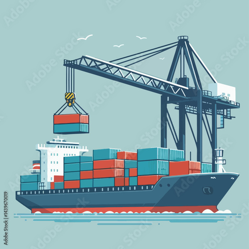 Detailed illustration of a large container ship being loaded by a massive crane at a port, depicting the process of cargo handling and transportation.