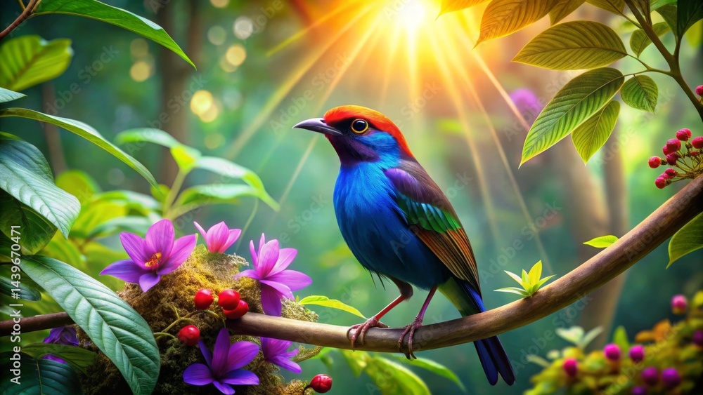 Vibrant Avian Jewel Perched on Lush Tropical Branch Basking in Golden Sunlight Amongst Blossoming Flowers and Berries Vibrant Avian Jewel Perched on Lush Tropical Branch Basking in Golden Sunlight Amongst Blossoming Flowers and Berries