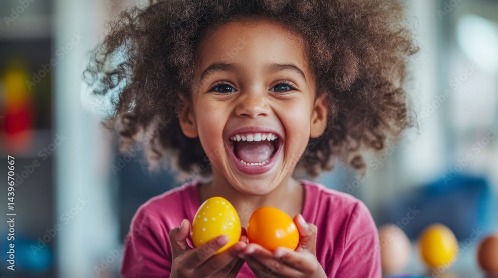 Fototapeta premium Happy Child Holding Eggs with Joyful Smile in Bright Environment