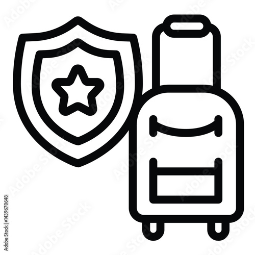 Luggage bag with star badge line icon, tropical voyage concept. Vector graphics. Bag with handle and shield, safety sign on white background, style for mobile or design.