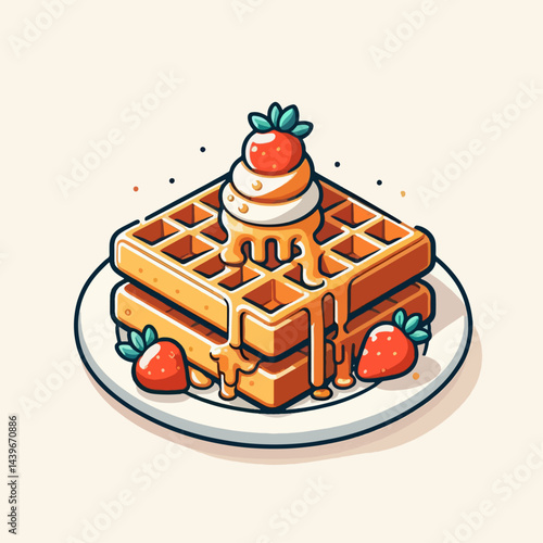 Cartoon illustration of two waffles, piled high, drizzled with syrup, topped with whipped cream and fresh strawberries, displayed on a white plate.