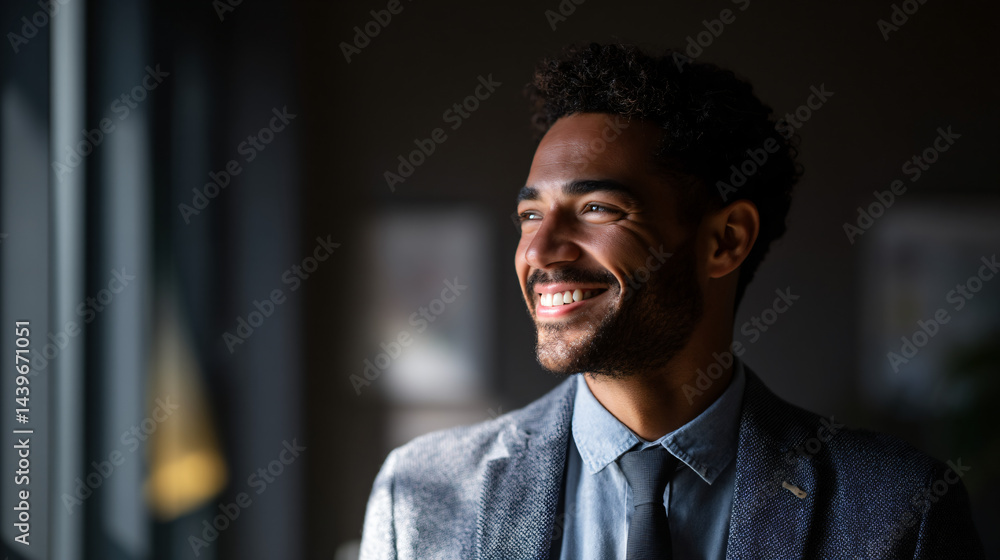 Confident professional in light sweater and blue suit, smiling in office background, radiating positivity and success