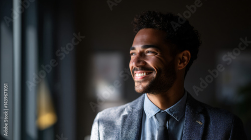 Obraz na płótnie Confident professional in light sweater and blue suit, smiling in office background, radiating positivity and success w salonie