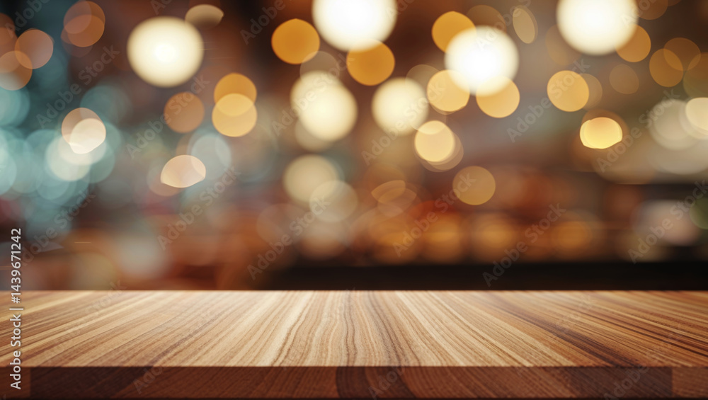 A close-up of a wooden table with a blurred lights background, ideal for a product display. A close-up of a wooden table with a blurred lights background, ideal for a product display.