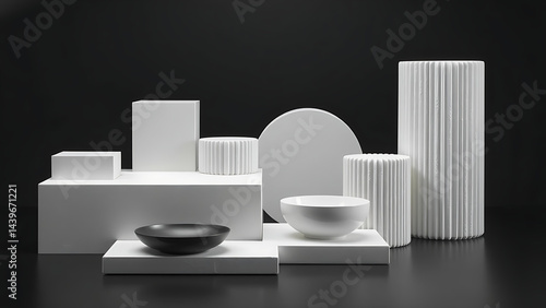 Wallpaper Mural Minimalist Still Life Arrangement of White and Black Geometric Shapes, Cylinders, and Bowls on White Cubes Against a Black Background Torontodigital.ca
