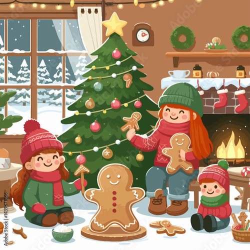 Group of cheerful children are decorating gingerbread cookies in a warm, snowy, decorated home, in front of a Christmas tree and a fireplace.
