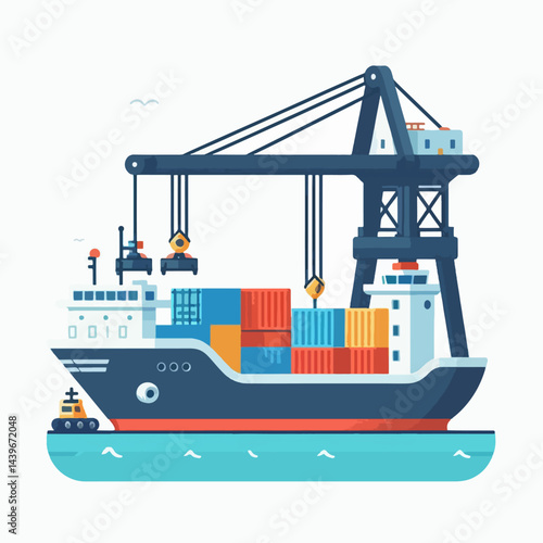 Stylized illustration of a container ship being loaded by a port crane, positioned over water.