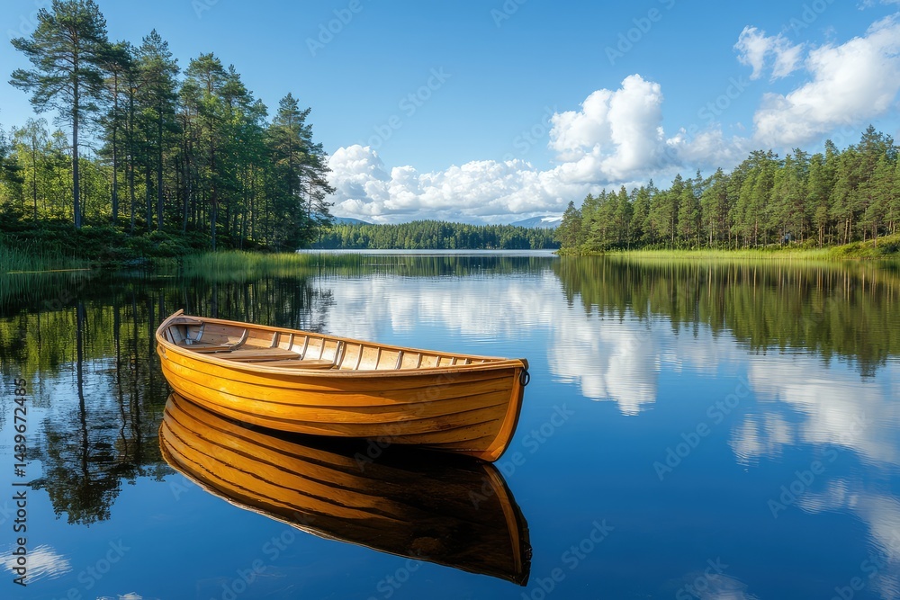 Fototapeta premium Tranquil lake reflects clear blue sky small wooden boat floats gently