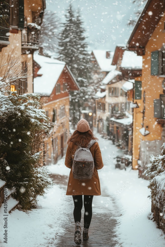 Woman Walking in Winter Village, Switzerland