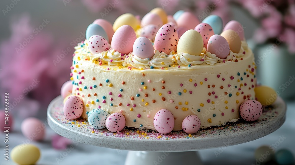 Festive Easter Cake with Colorful Eggs and Pastel Decorations