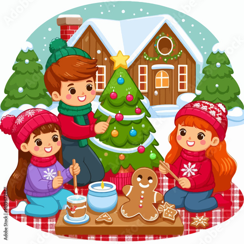 Three happy children, dressed warmly,  participate in a festive Christmas activity, decorating a tree and sharing treats.