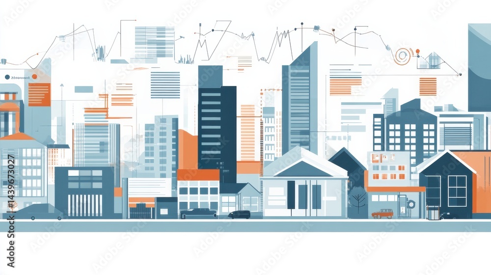 Obraz premium Modern Cityscape Illustration with Graphs and Data Visualizations in Flat Design Style