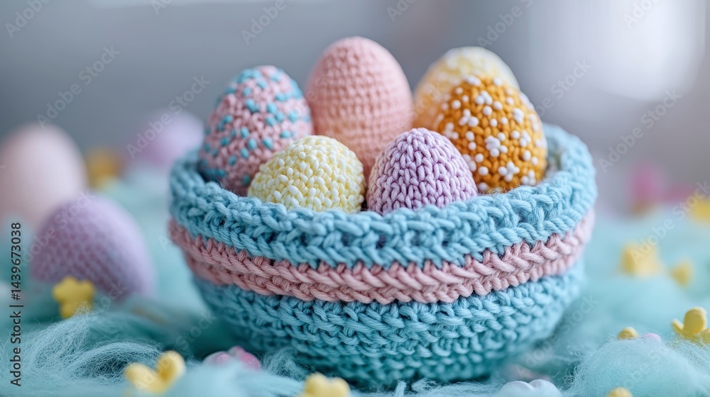 Colorful Handcrafted Eggs in a Cozy Crochet Basket Arrangement