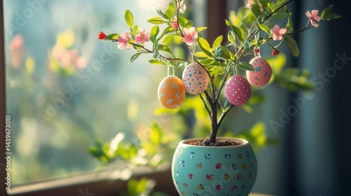 Obraz na płótnie Decorative Easter Eggs Hanging on a Potted Flower Tree Indoors w salonie