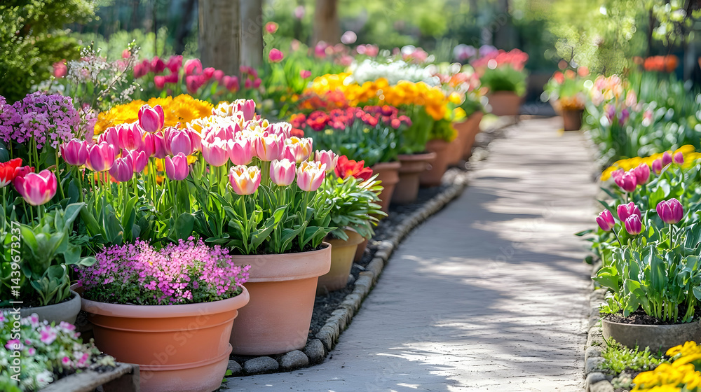 Vibrant Flowerbeds and Garden Path: A Springtime Tapestry Vibrant Flowerbeds and Garden Path: A Springtime Tapestry