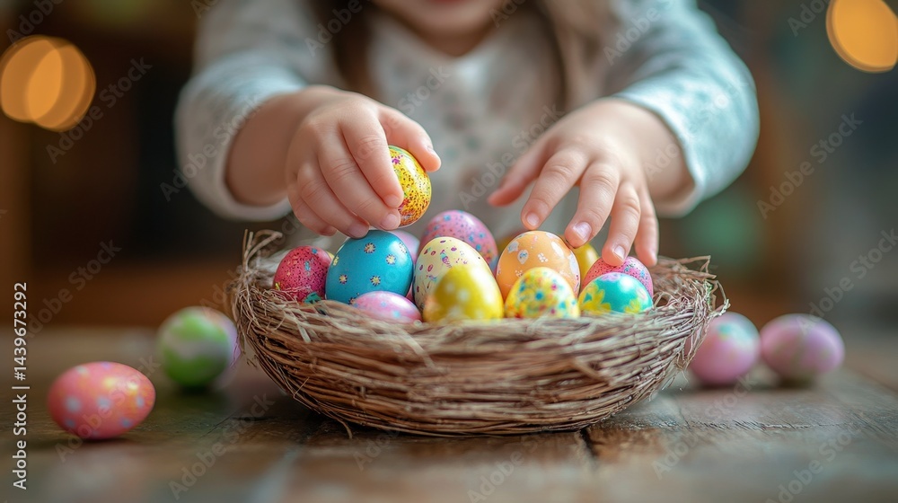 Child's Hands Reaching for Colorful Easter Eggs in a Nest