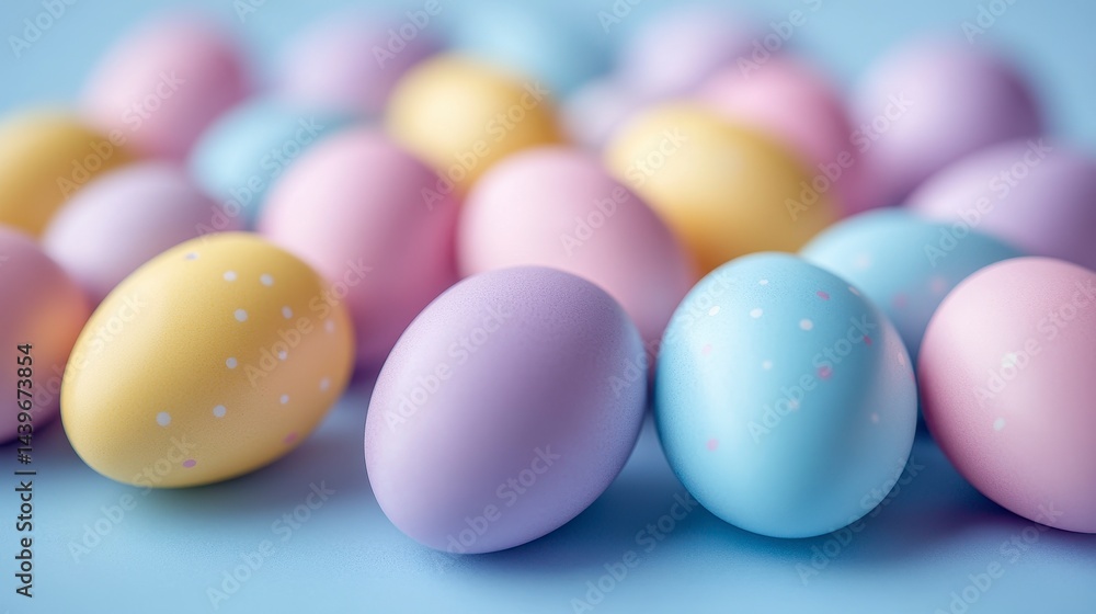 Colorful Pastel Easter Eggs on Light Blue Background in Close-Up
