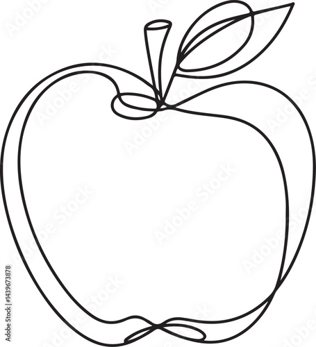A vector illustration of a minimalist black line sketch of an apple fruit in a continuous line art style, presented on a clean white background for a simplistic design