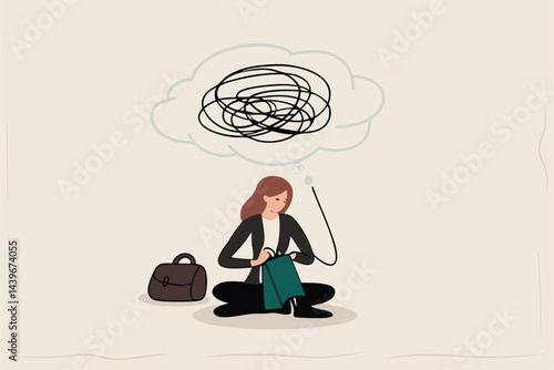 Turn crisis into opportunity, make profit in market crash, optimistic to find solution in uncertainty, positive mindset to success concept, optimistic businesswoman knitting to turn mess line to money
