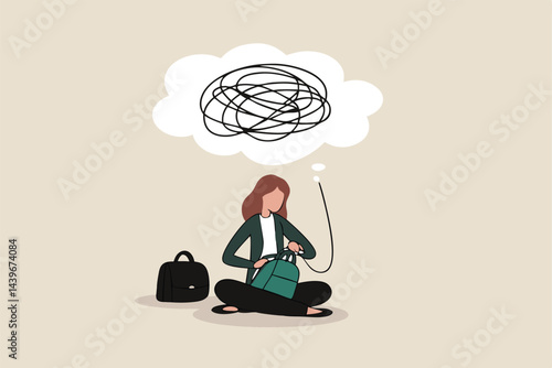Turn crisis into opportunity, make profit in market crash, optimistic to find solution in uncertainty, positive mindset to success concept, optimistic businesswoman knitting to turn mess line to money