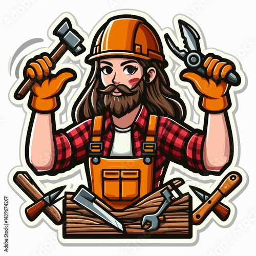 Stylized illustration of a female construction worker, holding tools, in a dynamic pose.  She's dressed in protective gear, signifying her role in the construction trade.