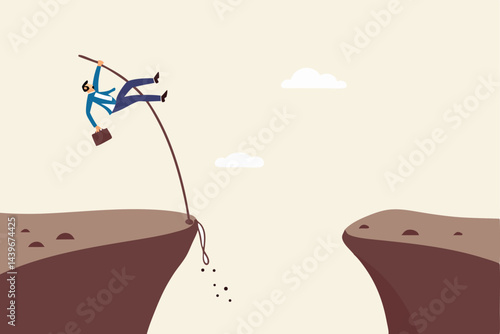 Overcome difficulty to reach business success, challenge or determination for leader, solution or skill to achieve target concept, confidence businessman pole vault jumping cross over cliff gap.