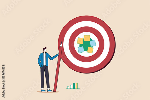 Goal setting, achievable target or purposeful objective, mission to accomplish or challenge to win for business success concept, businessman write down goal on notes and put on big dartboard target.
