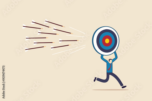 Chasing for target achievement, guidance or control to reach goal, competition or challenge to success, aiming or motivation concept, businessman holding big arrow target run away from bunch of arrow.