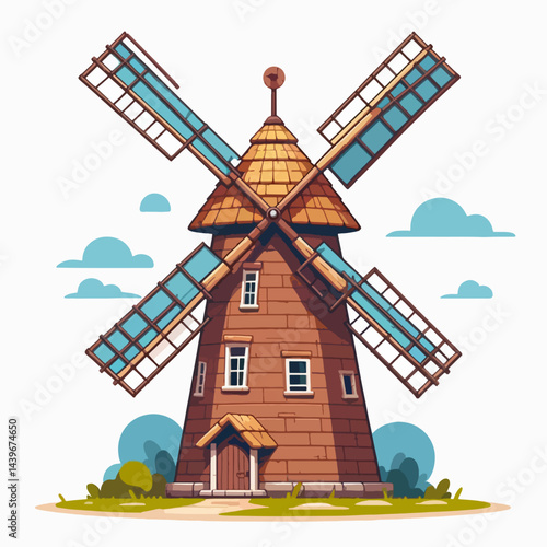 Cartoon drawing of a colorful, stylized, and quaint wind mill, situated in a rural landscape with soft clouds.