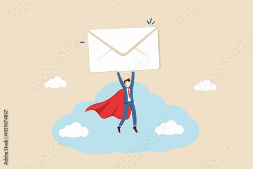 Email communication, marketing campaign from subscription, sending message or information concept, businessman superhero carrying big email envelope flying to recipient address.
