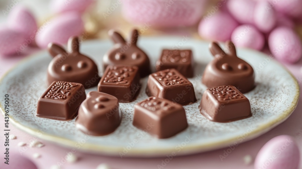 Delicious Chocolate Treats on Plate with Bunny Shapes and Eggs
