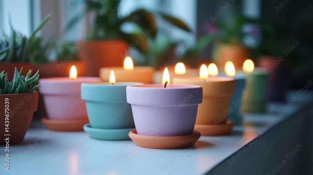 Colorful Candles in Flower Pots with Soft Glow and Greenery Background