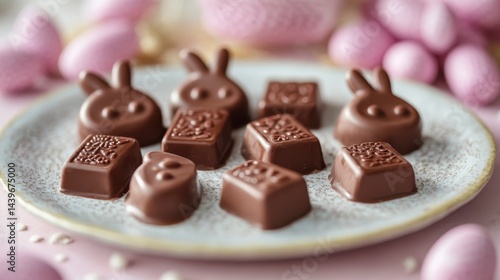 Obraz na płótnie Delicious Chocolate Treats on Plate with Bunny Shapes and Eggs w salonie