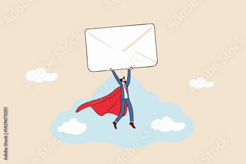 Email communication, marketing campaign from subscription, sending message or information concept, businessman superhero carrying big email envelope flying to recipient address.