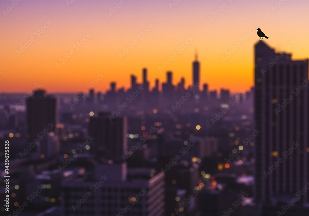 Fototapeta premium Solitary Bird Silhouette at Dawn Over Blurred Cityscape