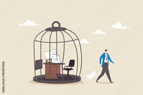 Break free, quit exhausted day job to start new business, escape for freedom, resign from toxic workplace or retirement concept, confidence businessman break free from toxic working desk bird cage.