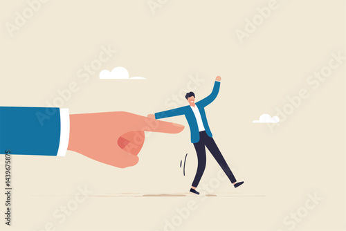 Nudge theory, reminder or guidance to encourage people to make decision or improve behavior, effective way for personal improvement concept, boss finger nudge businessman employee.