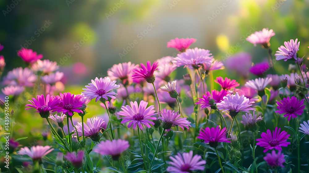 Fototapeta premium Vibrant Purple and Pink Flowers in a Lush Garden