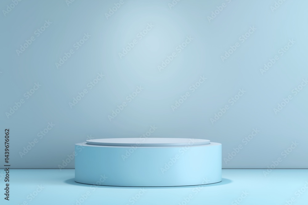 Empty podium, pastel blue backdrop, minimalist