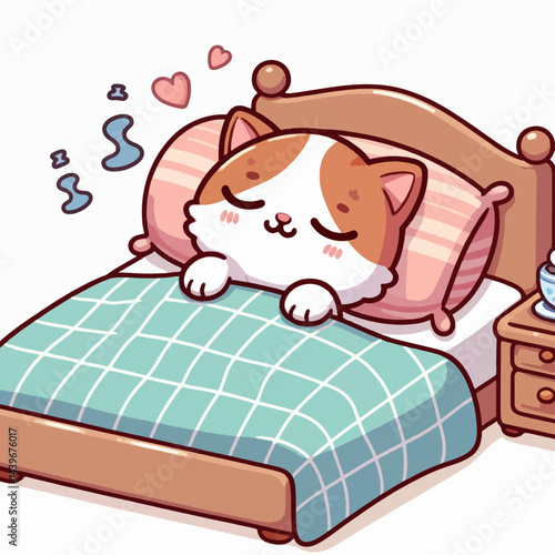 Cartoon depiction of a ginger and white cat dozing soundly in a charming bed with a gentle expression.