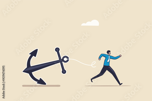Freedom, relief or escape from bad habit, psychology anchoring effect or cut heavy burden to growing more concept, businessman using scissor to cut the rope tie himself with big heavy anchor.